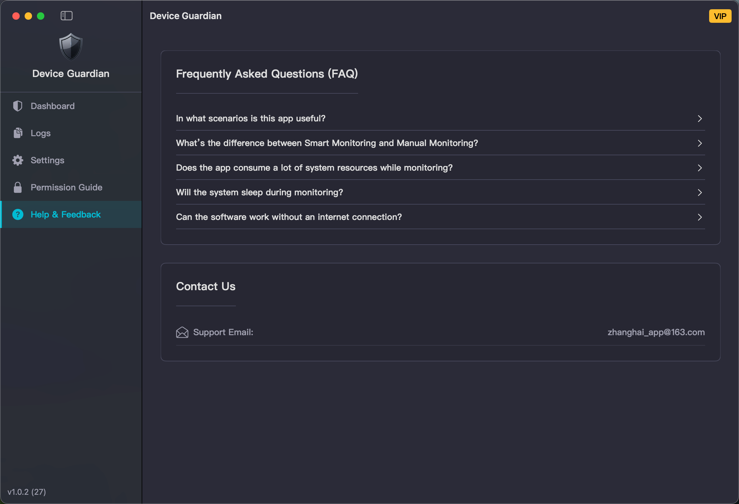 Help & Feedback screen of Device Guardian