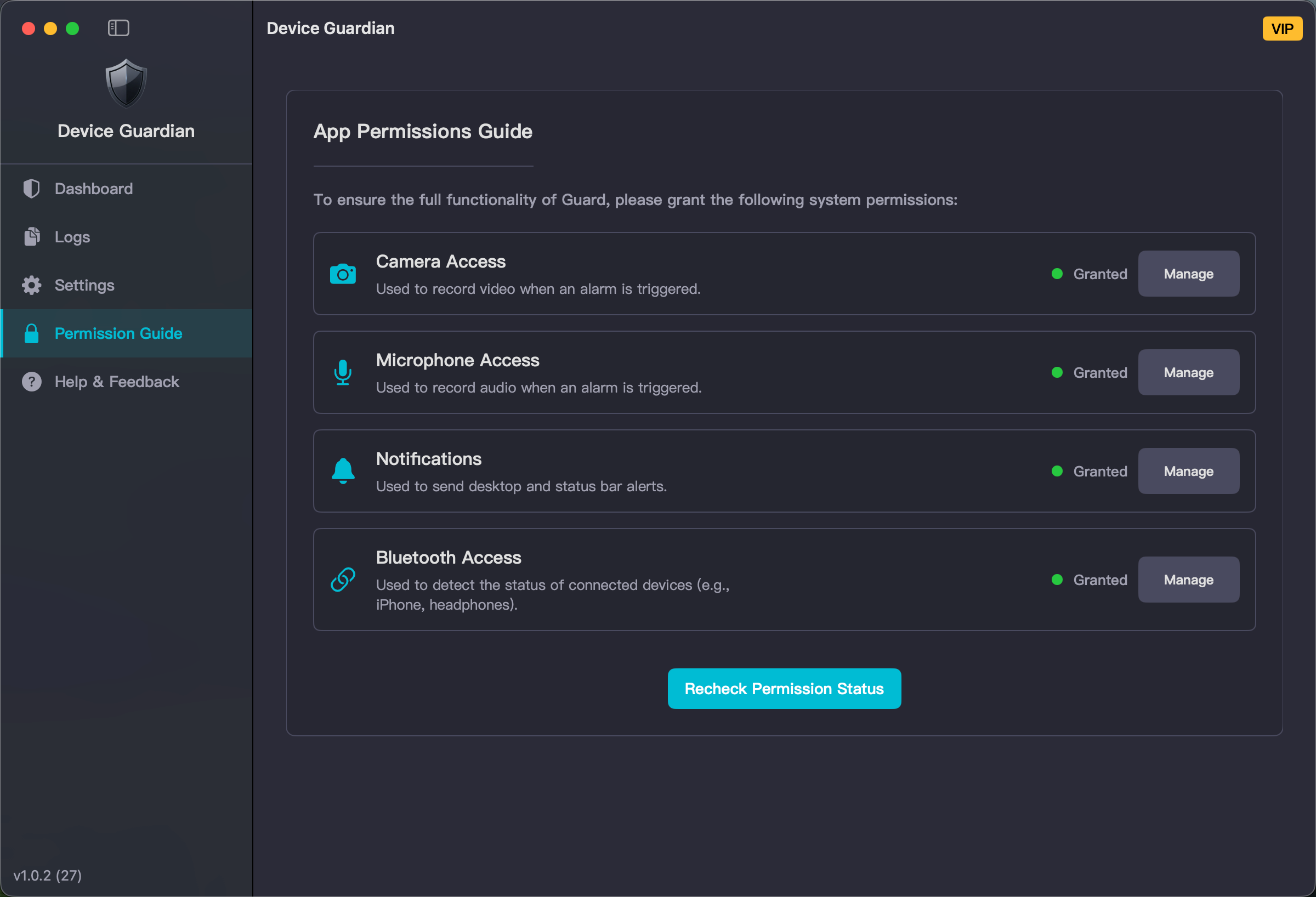 Permissions screen of Device Guardian