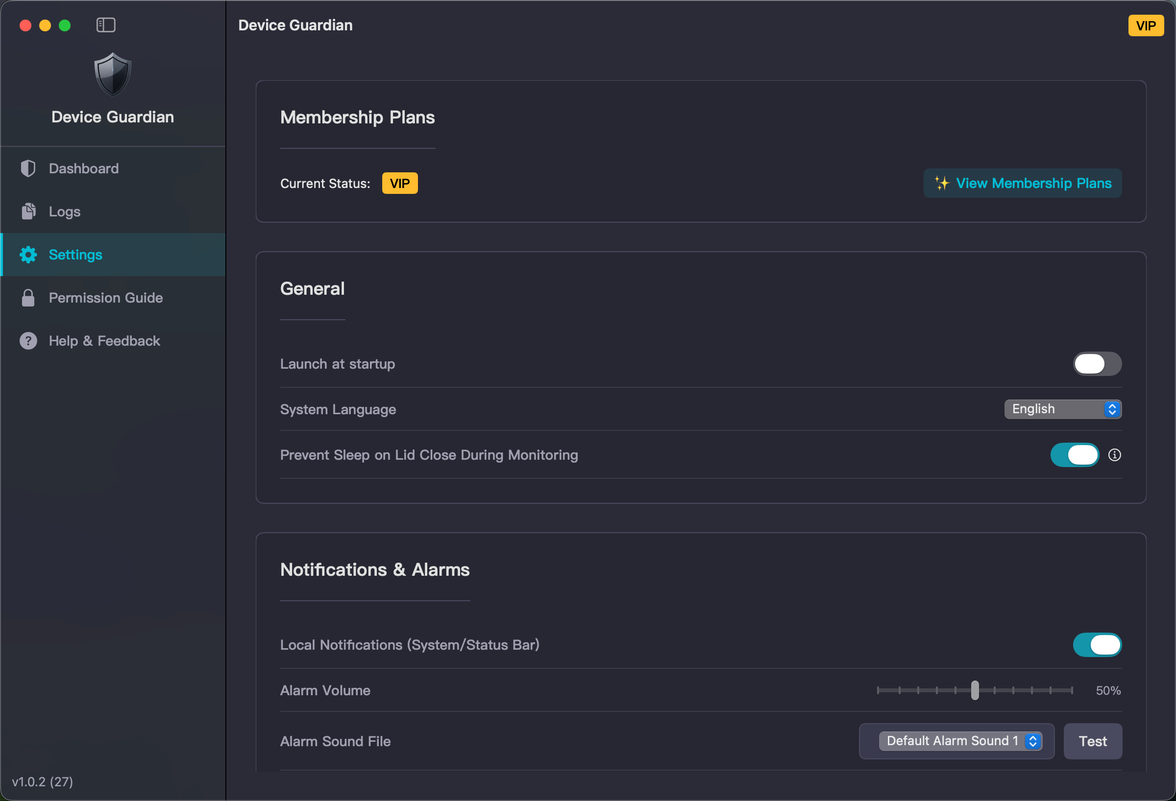 Settings screen of Device Guardian